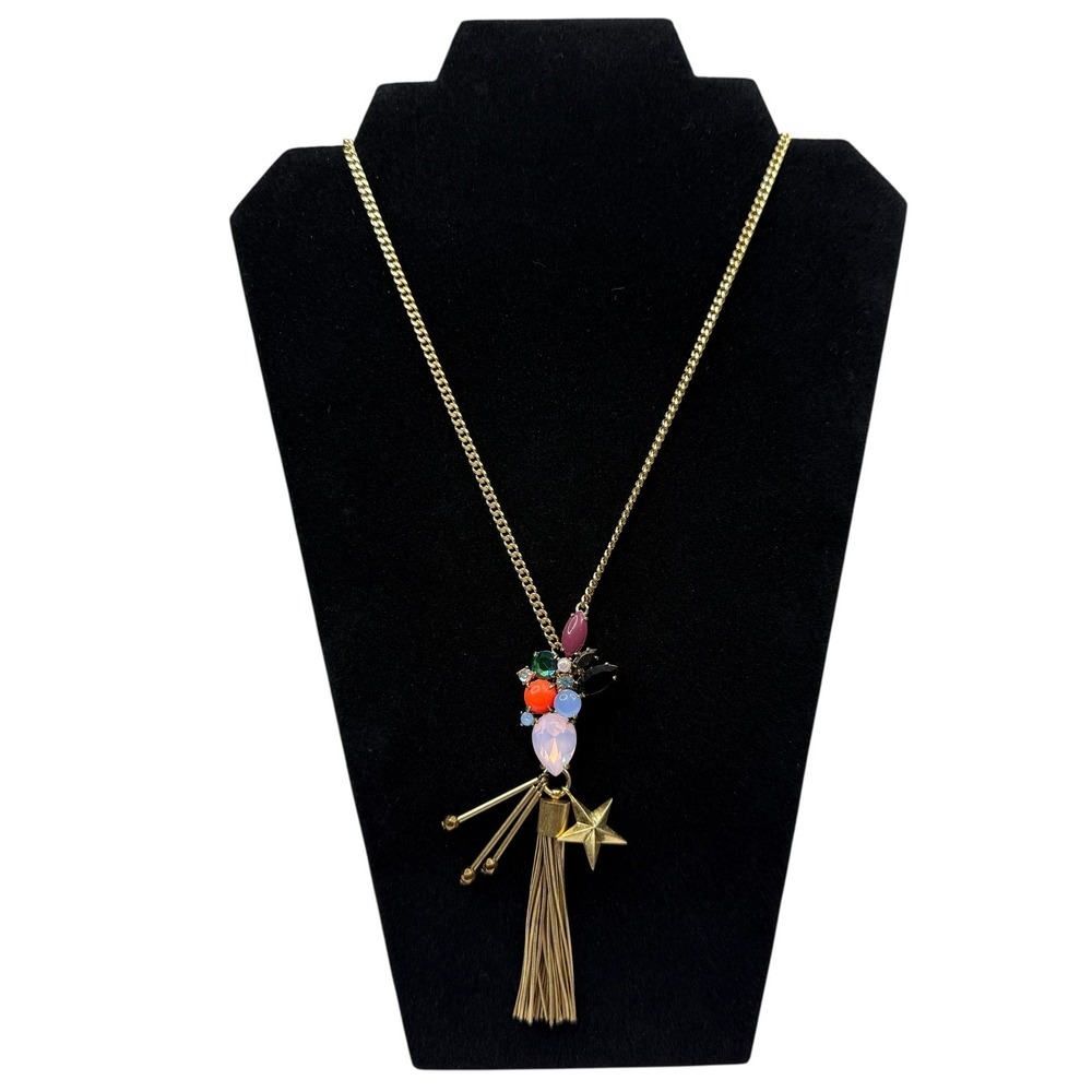 J.Crew Gold Tone Multicolor Crystal Star Tassel Statement Necklace Fashion 29 in